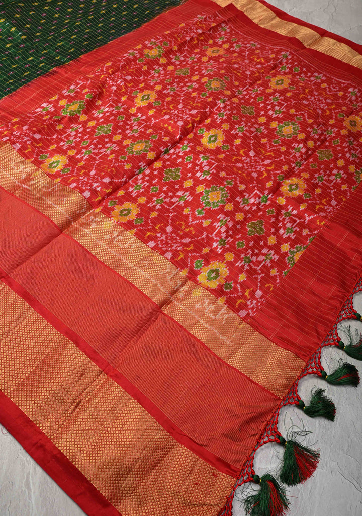 Dark Green Ikkat Patola Kanjivaram Fusion Silk Saree with Tissue Panel and Zari Border | SILK MARK CERTIFIED