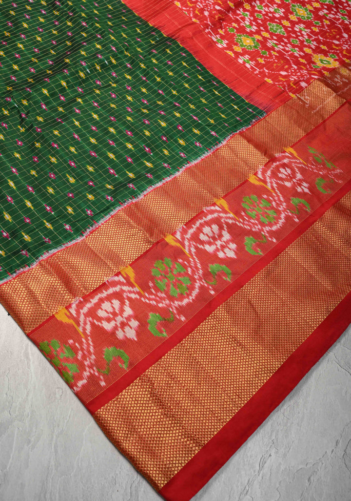 Dark Green Ikkat Patola Kanjivaram Fusion Silk Saree with Tissue Panel and Zari Border | SILK MARK CERTIFIED