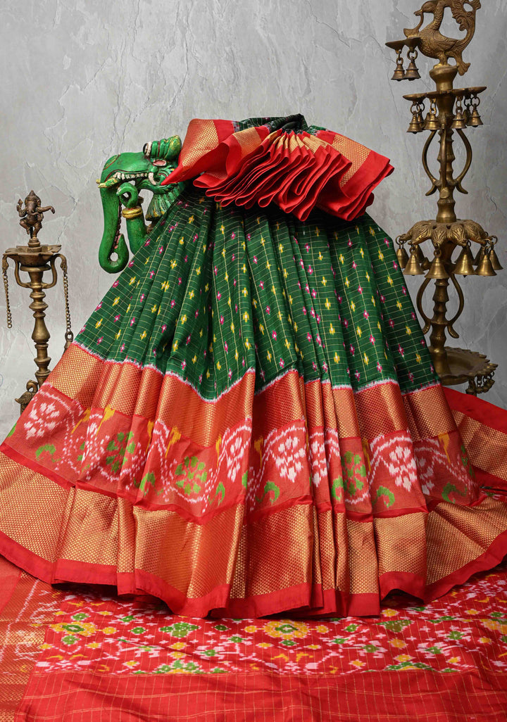 Dark Green Ikkat Patola Kanjivaram Fusion Silk Saree with Tissue Panel and Zari Border | SILK MARK CERTIFIED