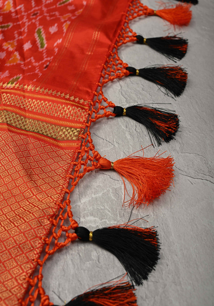 Black Pochampally Ikkat Pure Silk Saree with Zari Checks and Contrast Wide Zari Border  | SILK MARK CERTIFIED