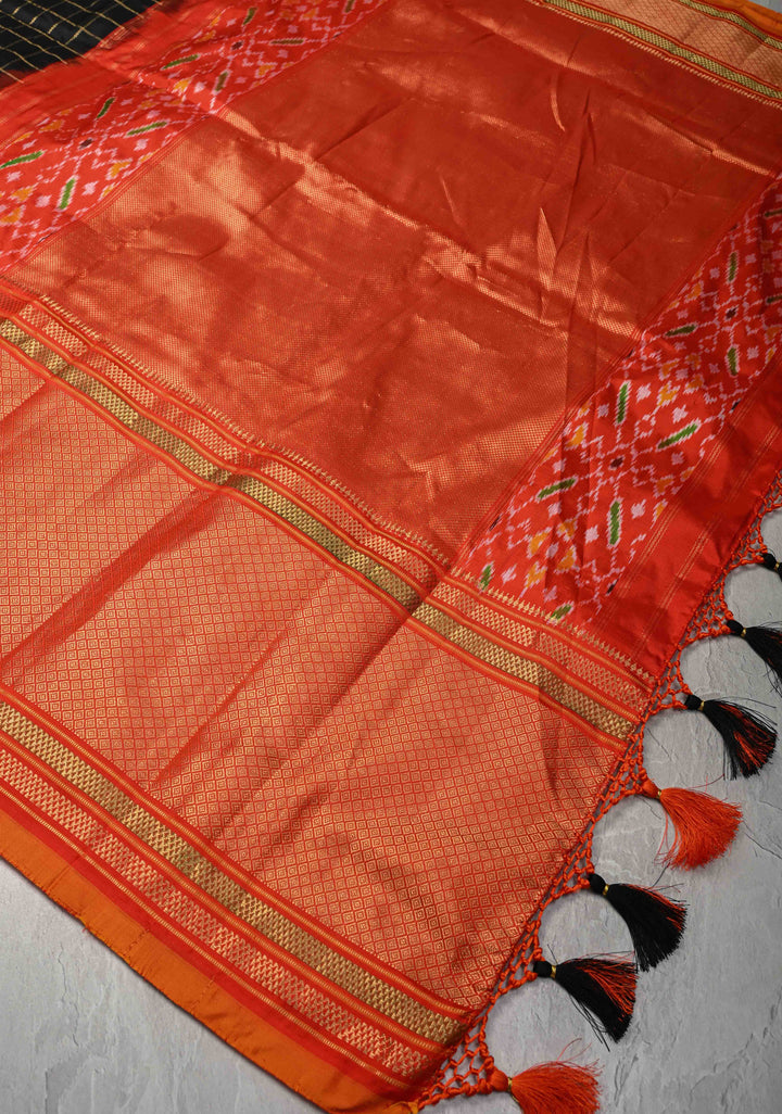 Black Pochampally Ikkat Pure Silk Saree with Zari Checks and Contrast Wide Zari Border  | SILK MARK CERTIFIED