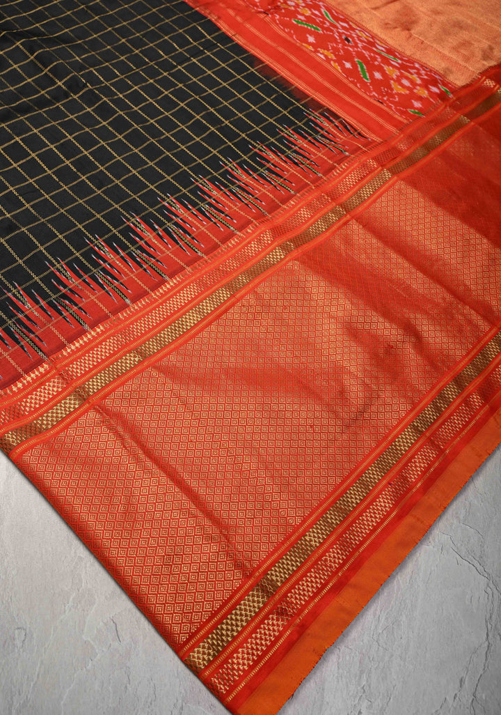 Black Pochampally Ikkat Pure Silk Saree with Zari Checks and Contrast Wide Zari Border  | SILK MARK CERTIFIED
