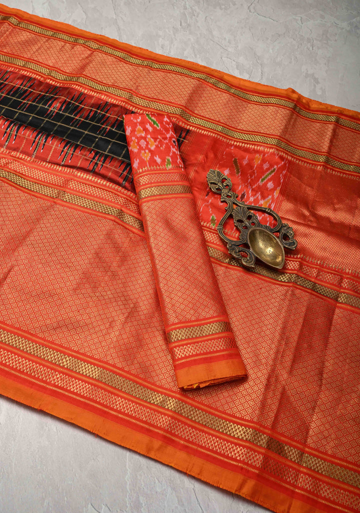 Black Pochampally Ikkat Pure Silk Saree with Zari Checks and Contrast Wide Zari Border  | SILK MARK CERTIFIED