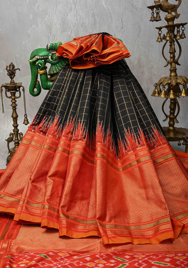 Black Pochampally Ikkat Pure Silk Saree with Zari Checks and Contrast Wide Zari Border  | SILK MARK CERTIFIED