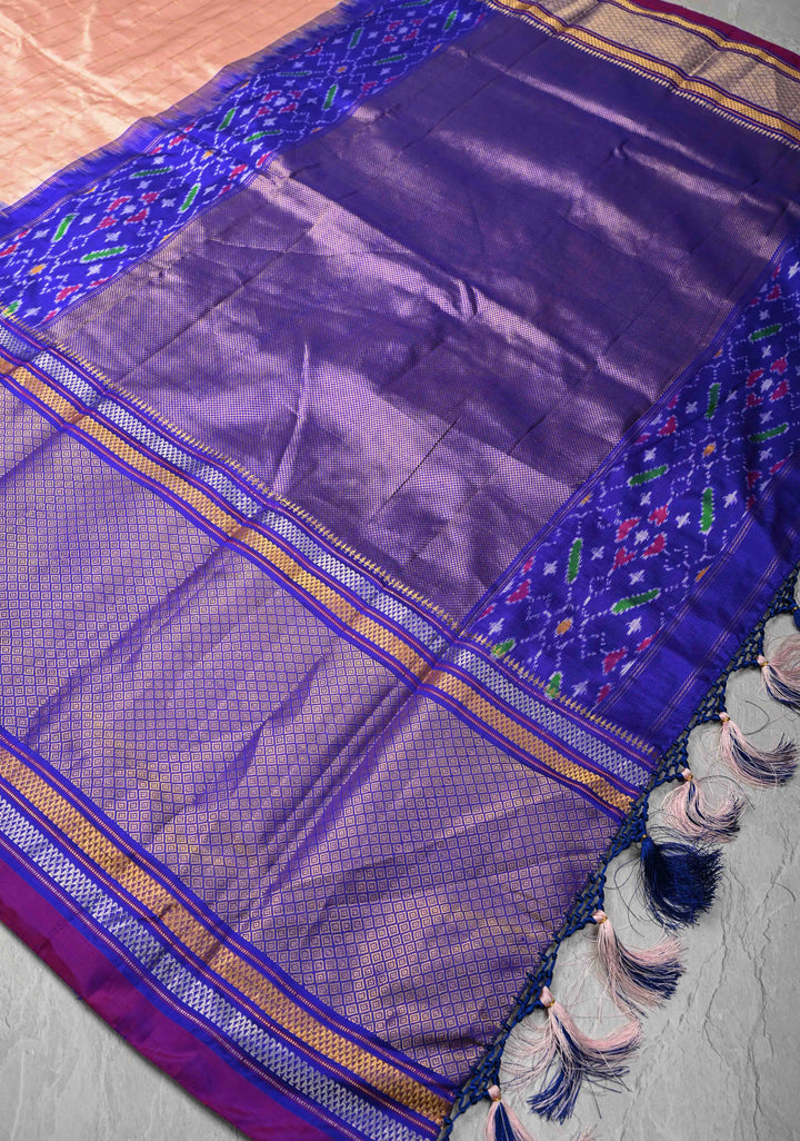 Blush Pink Pochampally Ikkat Pure Silk Saree with Zari Checks and Contrast Wide Zari Border | SILK MARK CERTIFIED