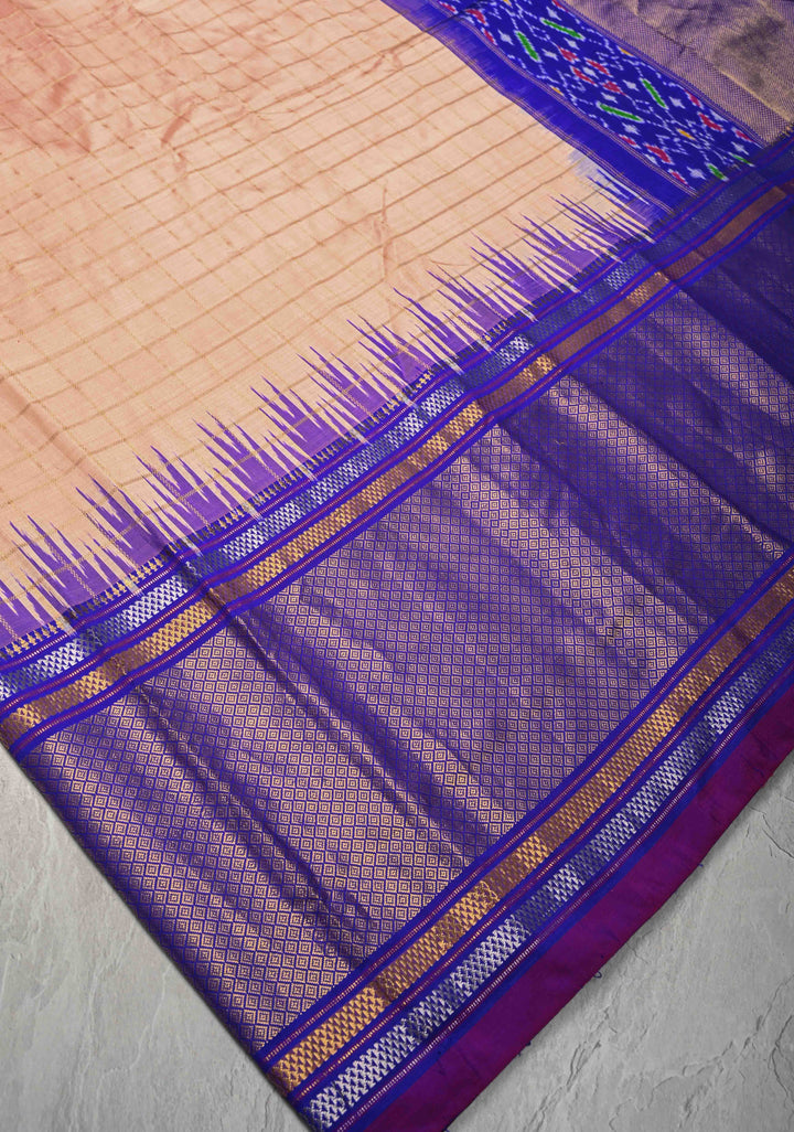 Blush Pink Pochampally Ikkat Pure Silk Saree with Zari Checks and Contrast Wide Zari Border | SILK MARK CERTIFIED