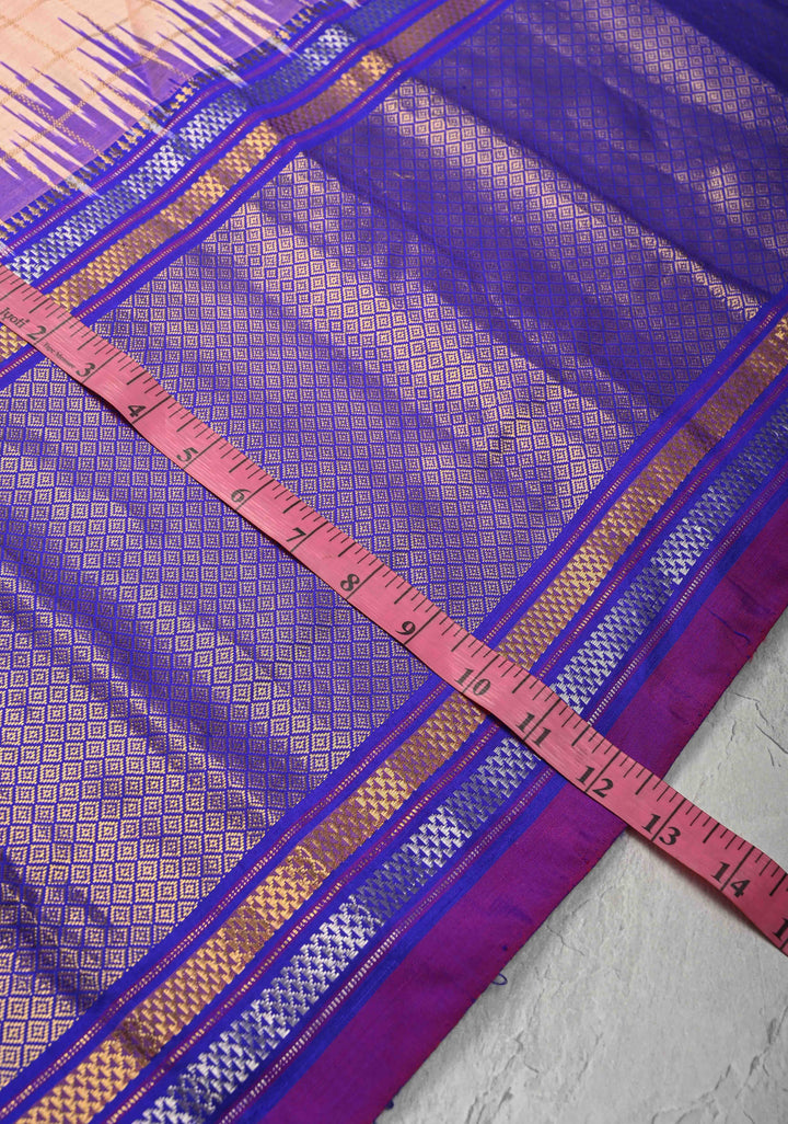 Blush Pink Pochampally Ikkat Pure Silk Saree with Zari Checks and Contrast Wide Zari Border | SILK MARK CERTIFIED