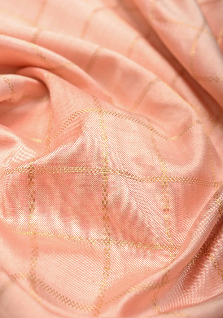 Blush Pink Pochampally Ikkat Pure Silk Saree with Zari Checks and Contrast Wide Zari Border | SILK MARK CERTIFIED