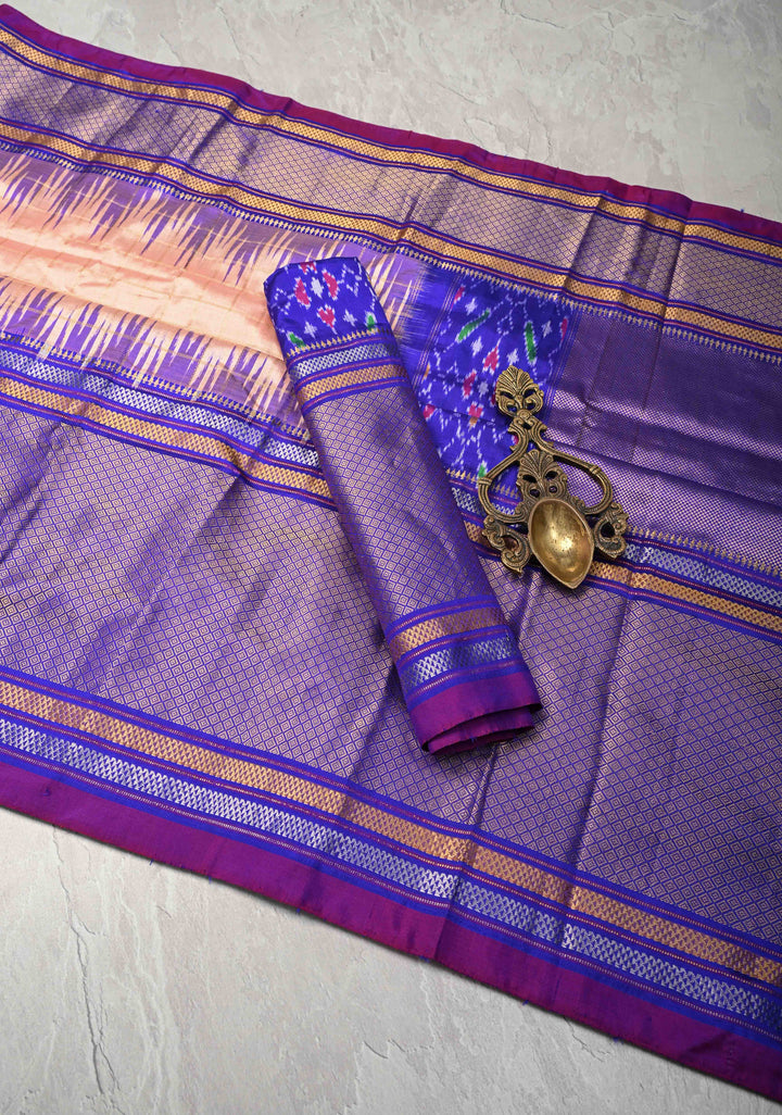 Blush Pink Pochampally Ikkat Pure Silk Saree with Zari Checks and Contrast Wide Zari Border | SILK MARK CERTIFIED