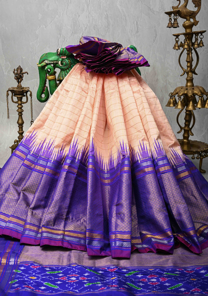 Blush Pink Pochampally Ikkat Pure Silk Saree with Zari Checks and Contrast Wide Zari Border | SILK MARK CERTIFIED