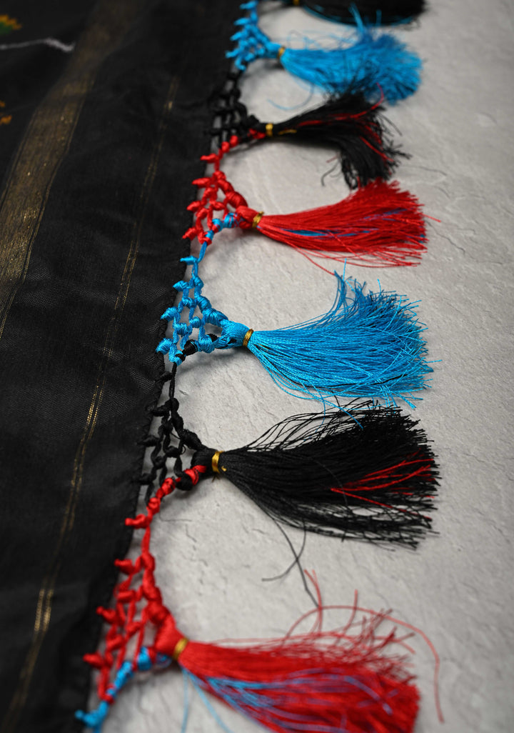 Beige Pochampally Ikkat Pure Silk Saree with Tree Buttas and Contrast Zari Border | SILK MARK CERTIFIED