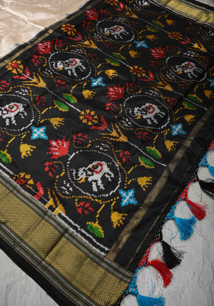 Beige Pochampally Ikkat Pure Silk Saree with Tree Buttas and Contrast Zari Border | SILK MARK CERTIFIED