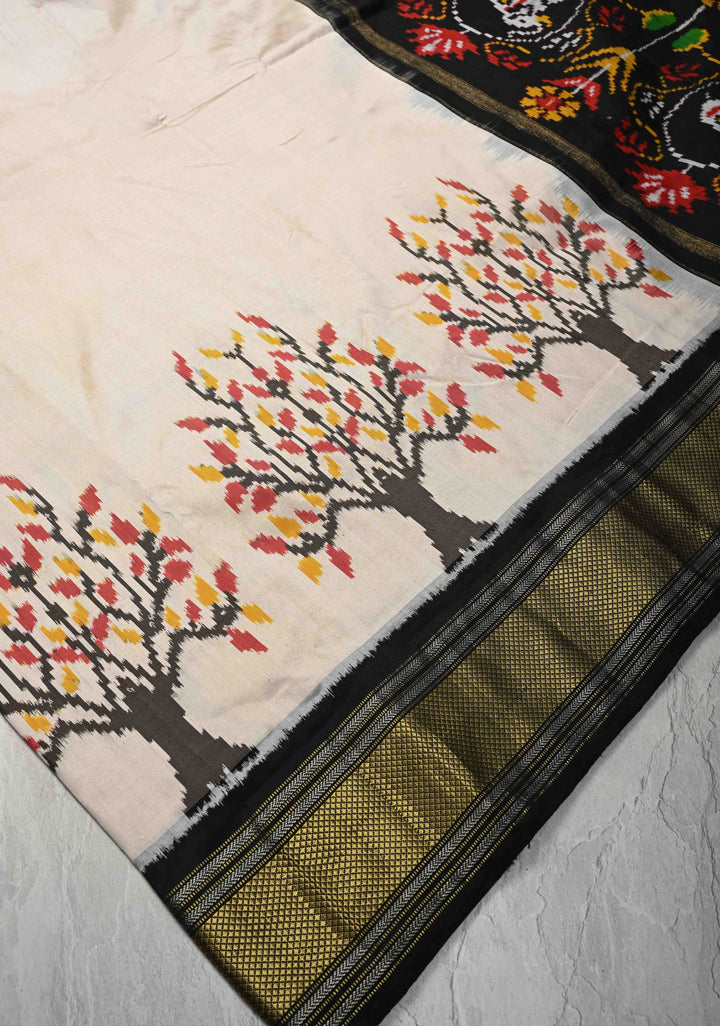 Beige Pochampally Ikkat Pure Silk Saree with Tree Buttas and Contrast Zari Border | SILK MARK CERTIFIED