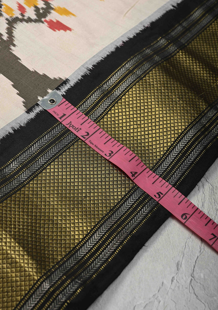 Beige Pochampally Ikkat Pure Silk Saree with Tree Buttas and Contrast Zari Border | SILK MARK CERTIFIED