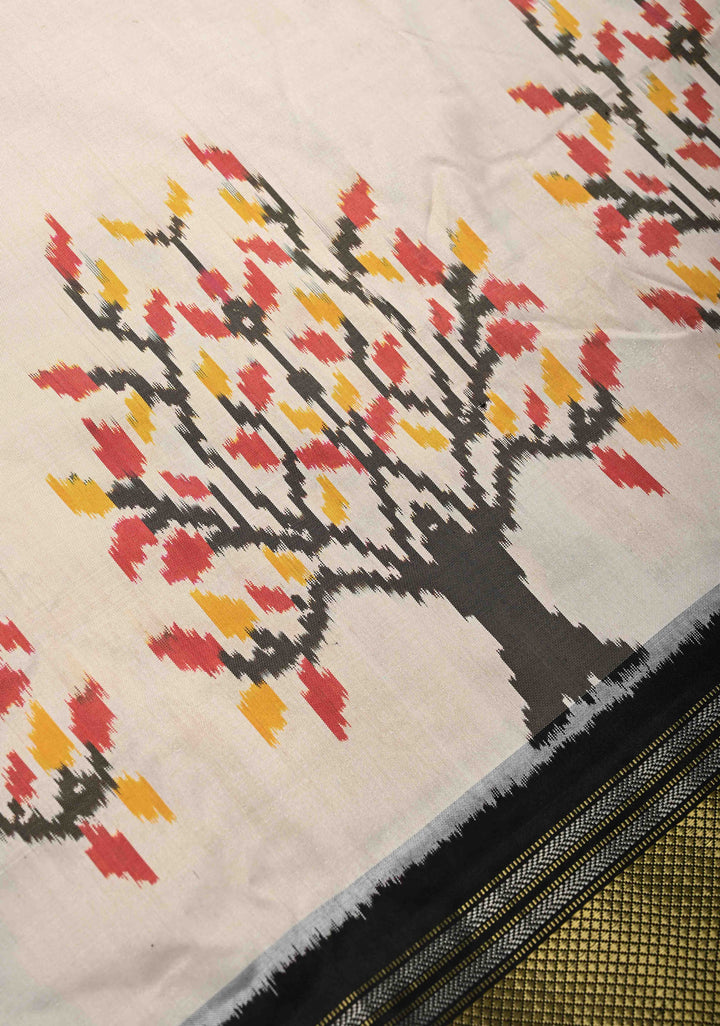 Beige Pochampally Ikkat Pure Silk Saree with Tree Buttas and Contrast Zari Border | SILK MARK CERTIFIED