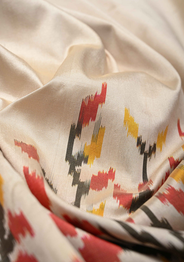 Beige Pochampally Ikkat Pure Silk Saree with Tree Buttas and Contrast Zari Border | SILK MARK CERTIFIED