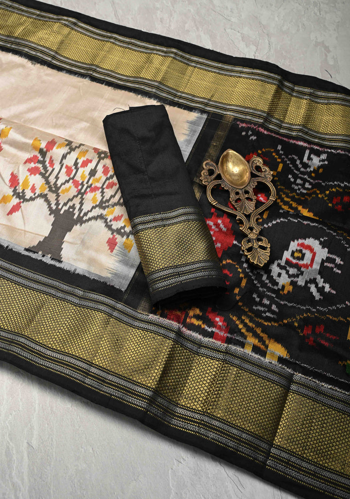 Beige Pochampally Ikkat Pure Silk Saree with Tree Buttas and Contrast Zari Border | SILK MARK CERTIFIED