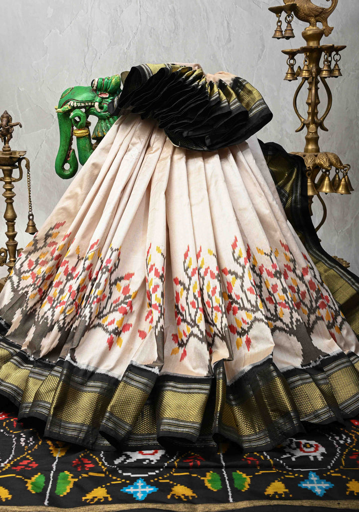 Beige Pochampally Ikkat Pure Silk Saree with Tree Buttas and Contrast Zari Border | SILK MARK CERTIFIED