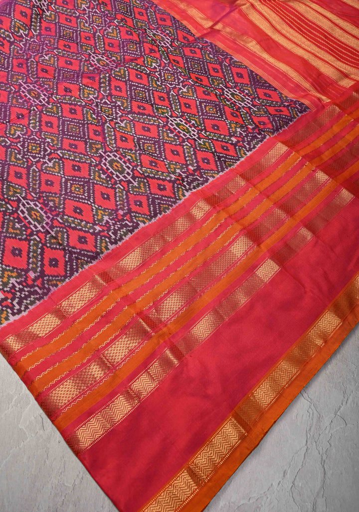 Purple Ikkat Patola Kanjivaram Fusion Silk Saree with Contrast Pink Zari Border | SILK MARK CERTIFIED