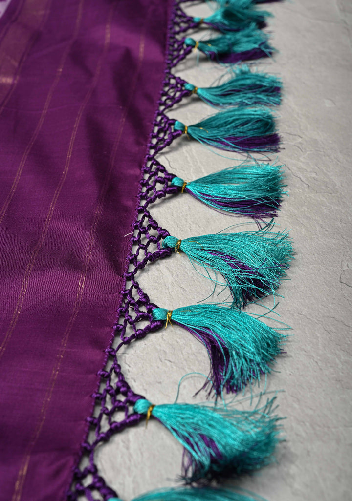 Dusty Teal Pochampally Ikkat Silk Saree and Contrast Panel Purple Ikkat Zari Border | SILK MARK CERTIFIED