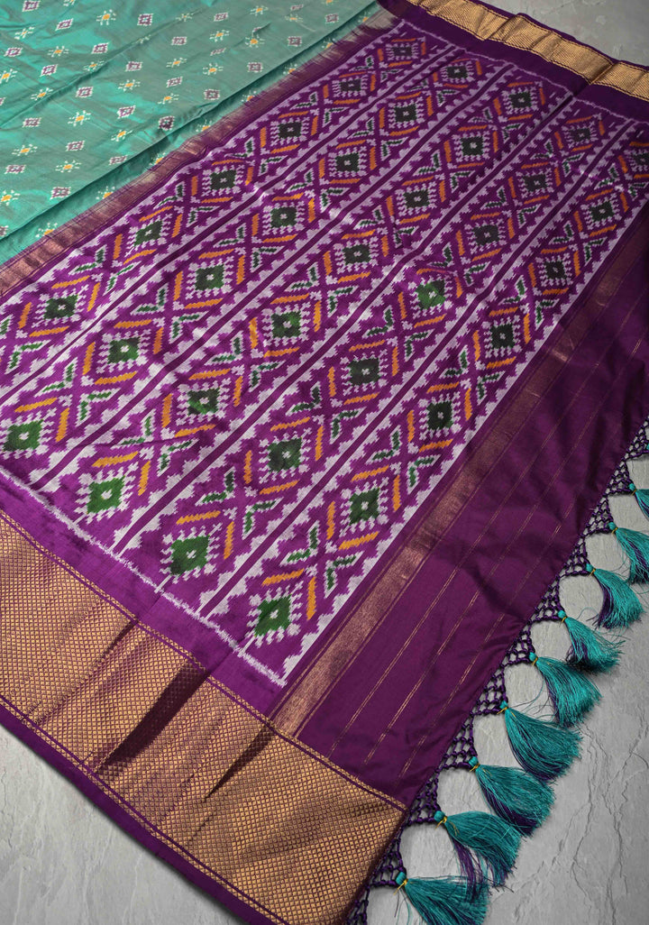Dusty Teal Pochampally Ikkat Silk Saree and Contrast Panel Purple Ikkat Zari Border | SILK MARK CERTIFIED