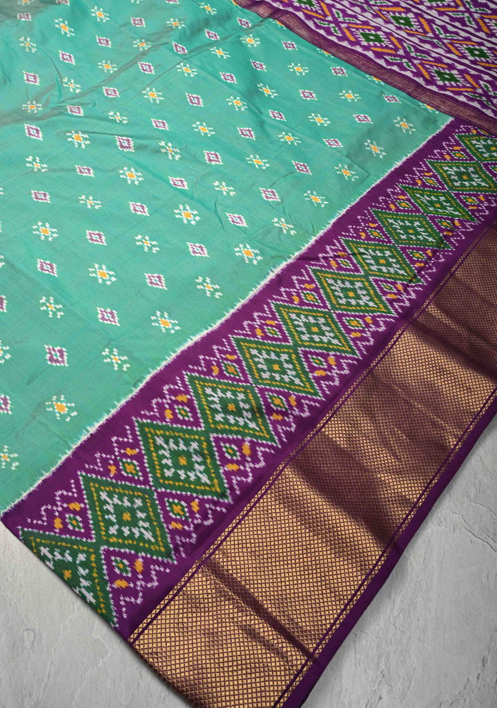 Dusty Teal Pochampally Ikkat Silk Saree and Contrast Panel Purple Ikkat Zari Border | SILK MARK CERTIFIED