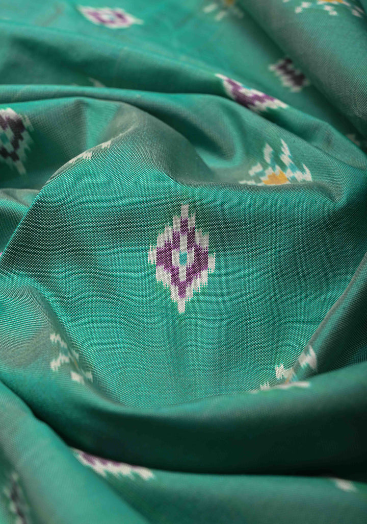 Dusty Teal Pochampally Ikkat Silk Saree and Contrast Panel Purple Ikkat Zari Border | SILK MARK CERTIFIED