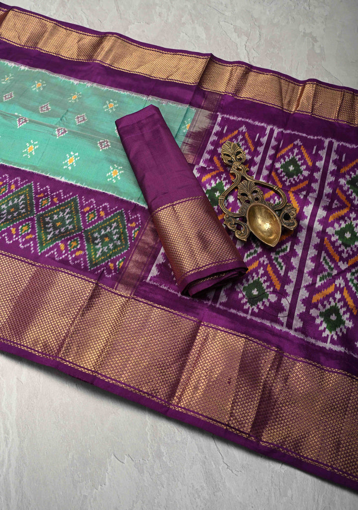 Dusty Teal Pochampally Ikkat Silk Saree and Contrast Panel Purple Ikkat Zari Border | SILK MARK CERTIFIED