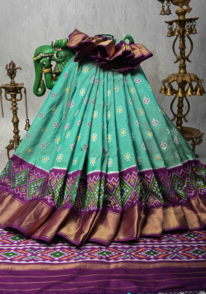 Dusty Teal Pochampally Ikkat Silk Saree and Contrast Panel Purple Ikkat Zari Border | SILK MARK CERTIFIED