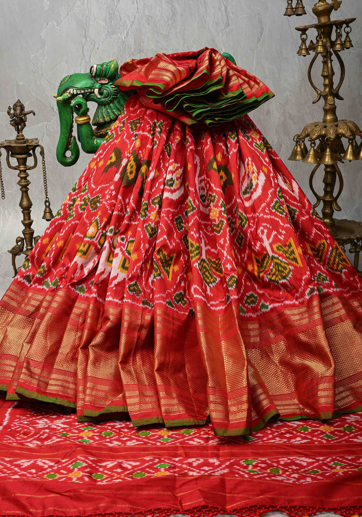 Red Pochampally Ikkat Kanjivaram Pure Silk Saree with Patola Brocade and Zari Border  | SILK MARK CERTIFIED