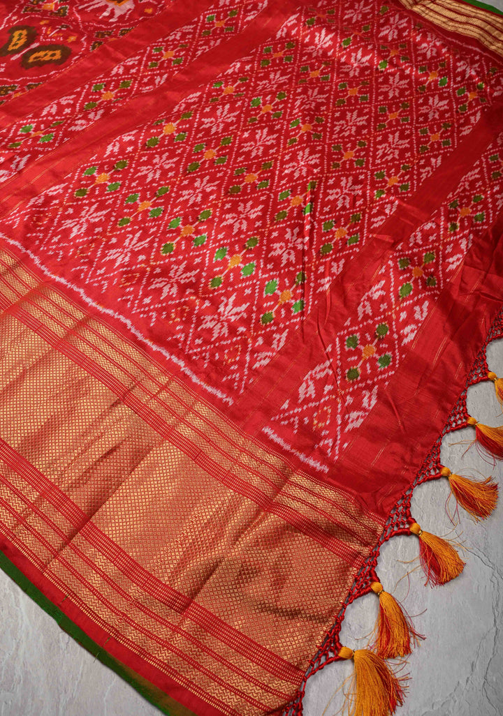 Red Pochampally Ikkat Kanjivaram Pure Silk Saree with Patola Brocade and Zari Border  | SILK MARK CERTIFIED