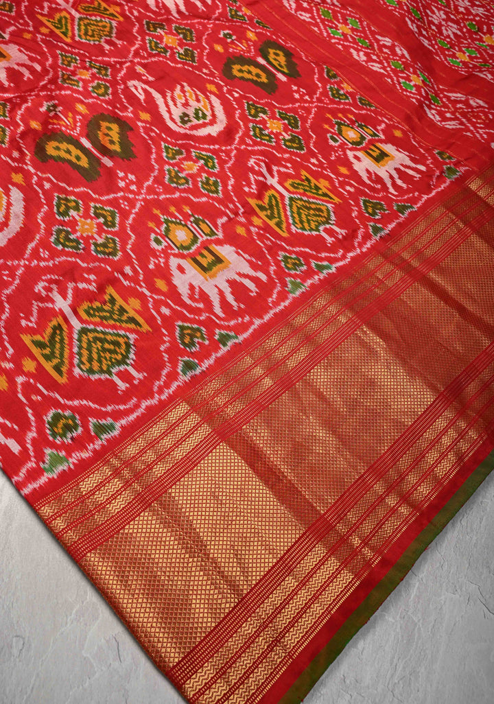 Red Pochampally Ikkat Kanjivaram Pure Silk Saree with Patola Brocade and Zari Border  | SILK MARK CERTIFIED