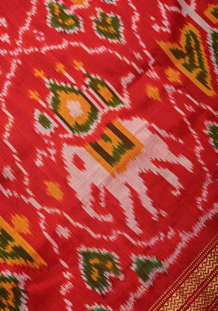 Red Pochampally Ikkat Kanjivaram Pure Silk Saree with Patola Brocade and Zari Border  | SILK MARK CERTIFIED