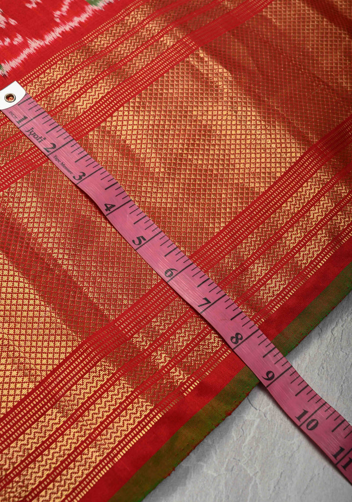 Red Pochampally Ikkat Kanjivaram Pure Silk Saree with Patola Brocade and Zari Border  | SILK MARK CERTIFIED