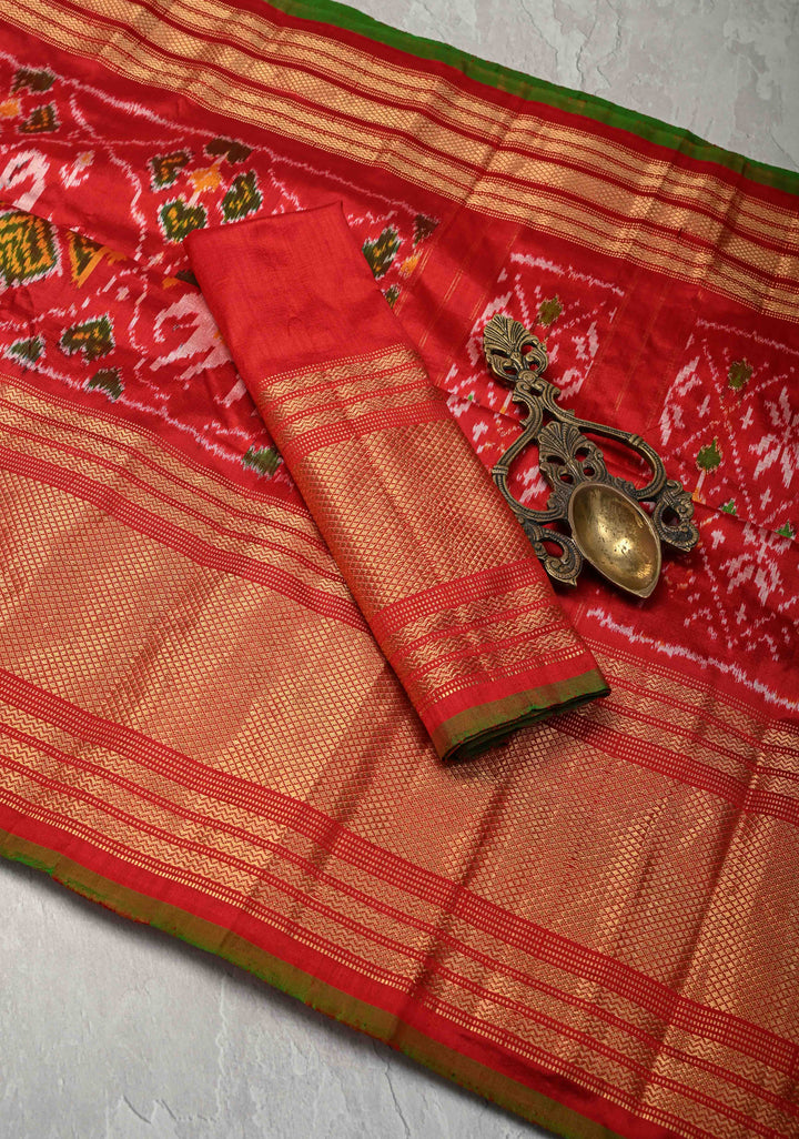 Red Pochampally Ikkat Kanjivaram Pure Silk Saree with Patola Brocade and Zari Border  | SILK MARK CERTIFIED