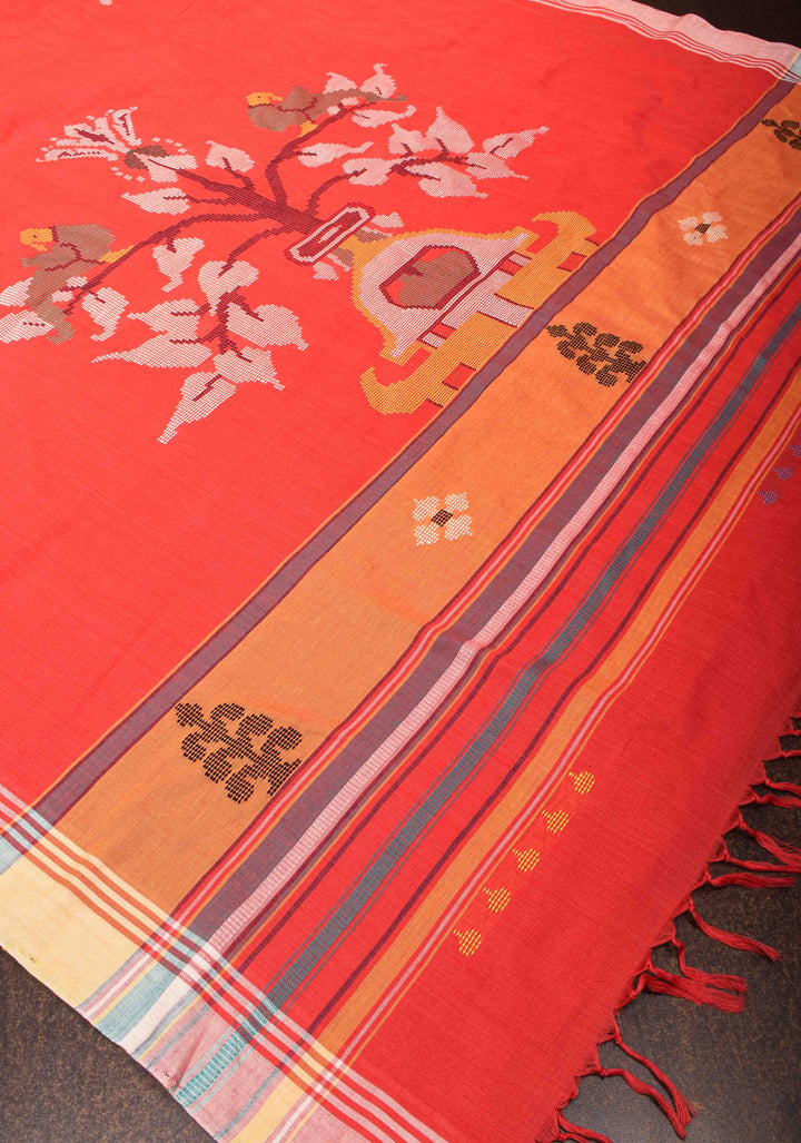 Handwoven Red Cotton Saree with Floral Motifs