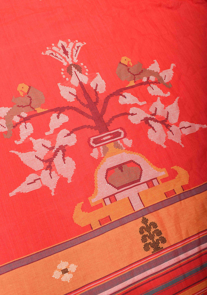 Handwoven Red Cotton Saree with Floral Motifs