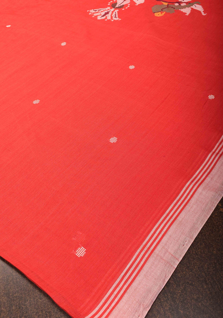 Handwoven Red Cotton Saree with Floral Motifs