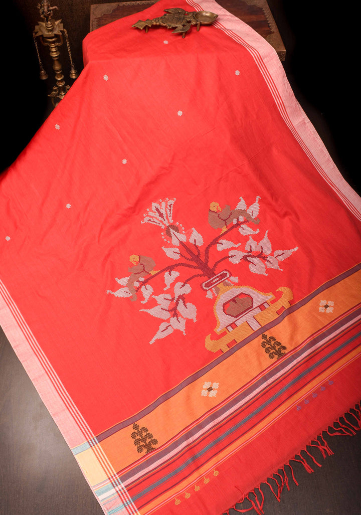 Handwoven Red Cotton Saree with Floral Motifs