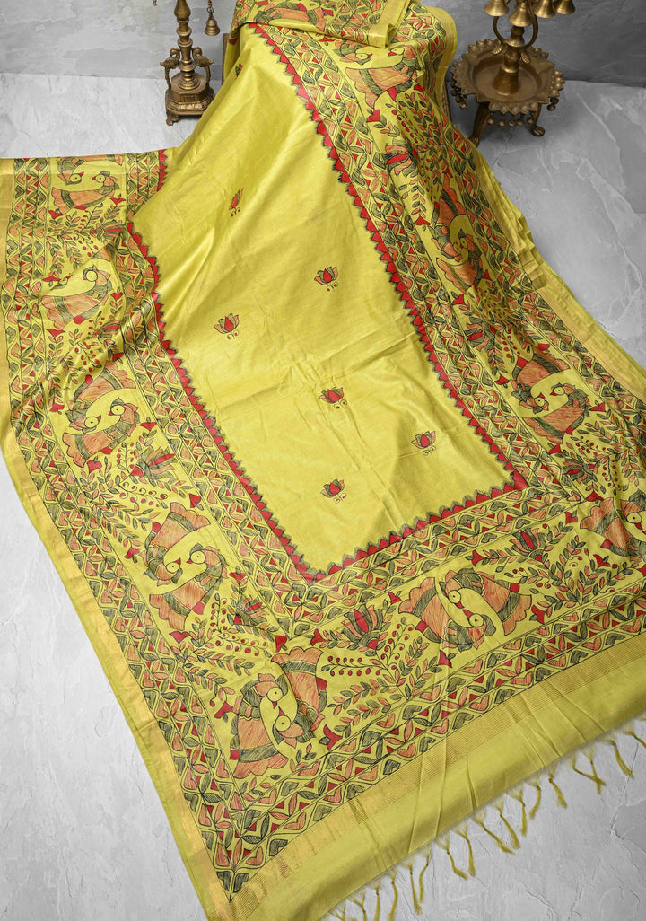 Yellow Lightweight Tussar Silk Saree With Madhubani hand Painting | SILK MARK CERTIFIED