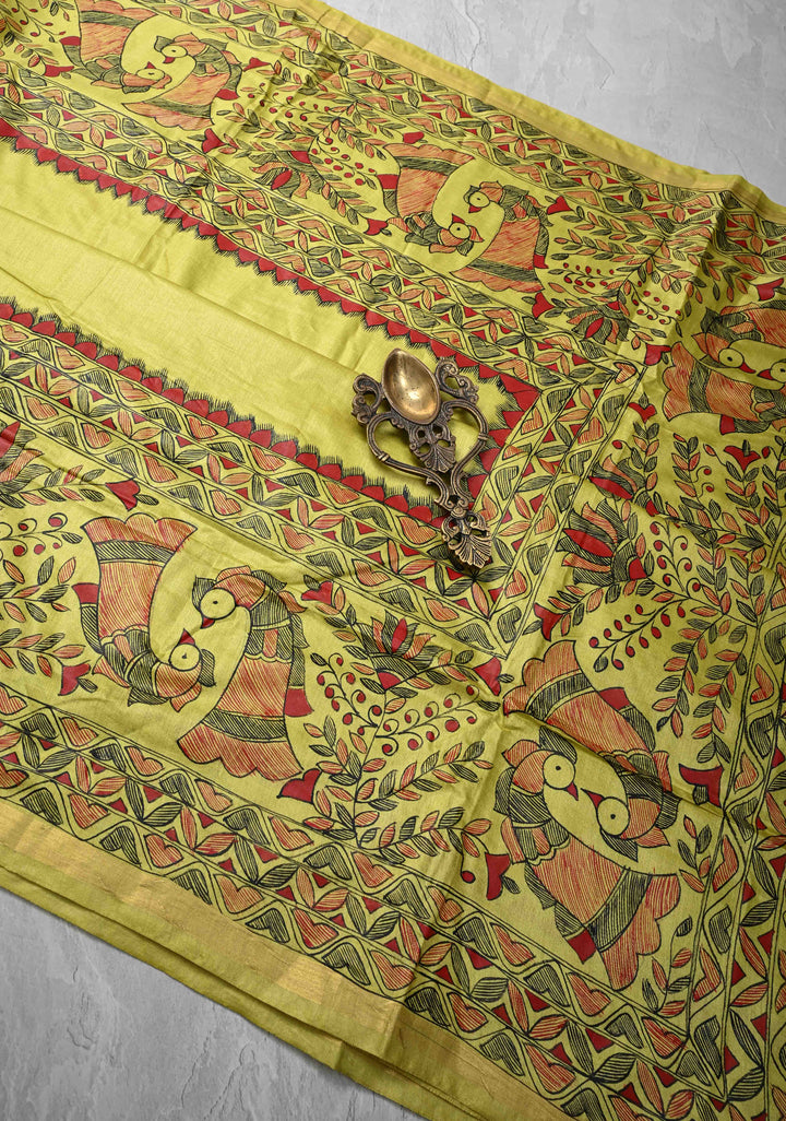Yellow Lightweight Tussar Silk Saree With Madhubani hand Painting | SILK MARK CERTIFIED