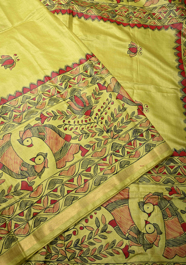 Yellow Lightweight Tussar Silk Saree With Madhubani hand Painting | SILK MARK CERTIFIED