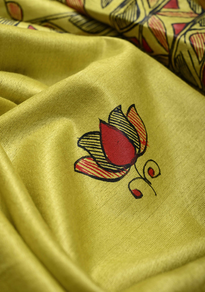 Yellow Lightweight Tussar Silk Saree With Madhubani hand Painting | SILK MARK CERTIFIED