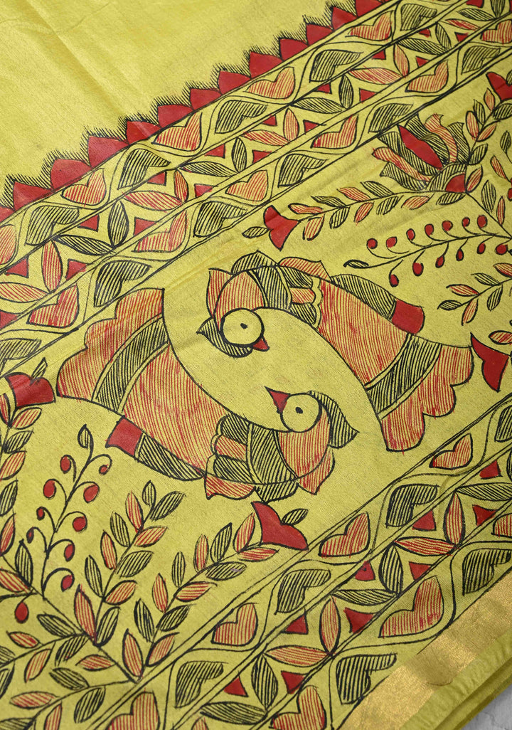 Yellow Lightweight Tussar Silk Saree With Madhubani hand Painting | SILK MARK CERTIFIED