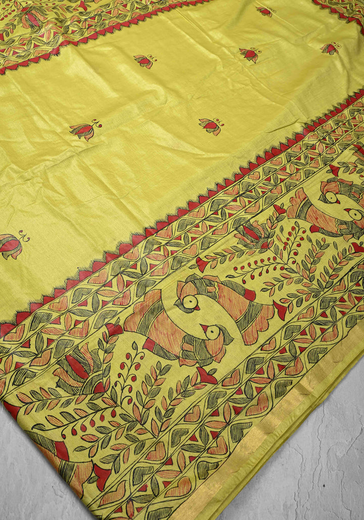 Yellow Lightweight Tussar Silk Saree With Madhubani hand Painting | SILK MARK CERTIFIED