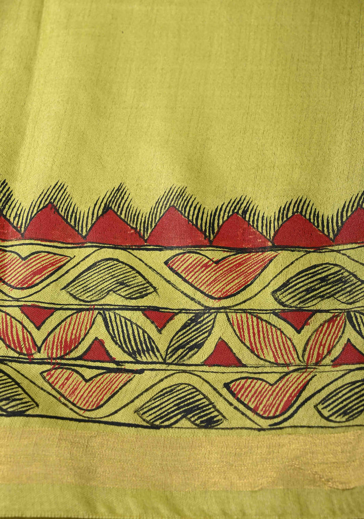 Yellow Lightweight Tussar Silk Saree With Madhubani hand Painting | SILK MARK CERTIFIED