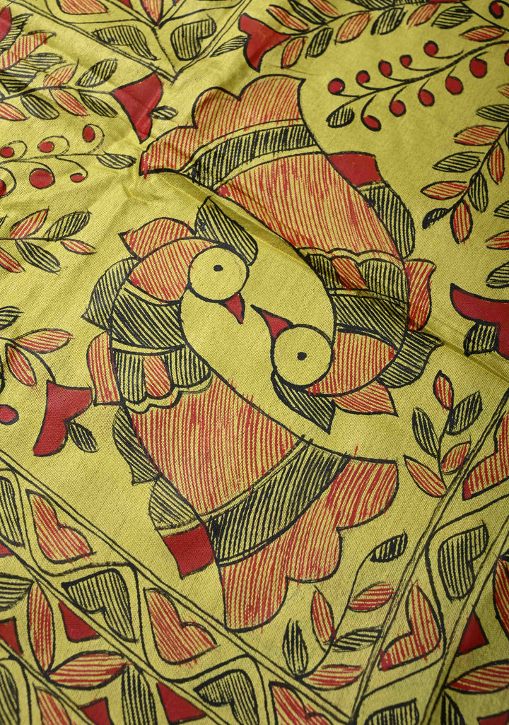 Yellow Lightweight Tussar Silk Saree With Madhubani hand Painting | SILK MARK CERTIFIED