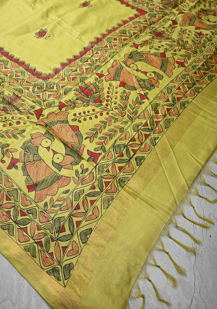 Yellow Lightweight Tussar Silk Saree With Madhubani hand Painting | SILK MARK CERTIFIED