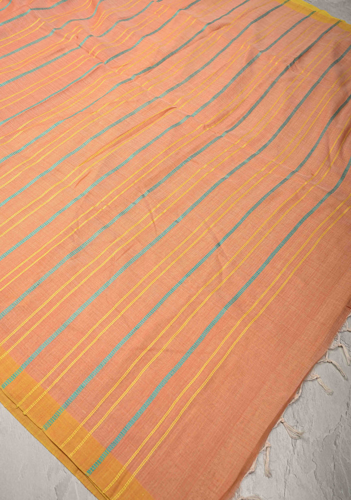 Peach Bhujodi Kala Cotton Saree with Thread Meenakari Floral Buttas and Border-Stripes Pallu