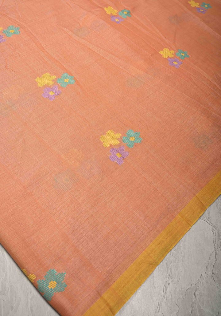 Peach Bhujodi Kala Cotton Saree with Thread Meenakari Floral Buttas and Border-Stripes Pallu
